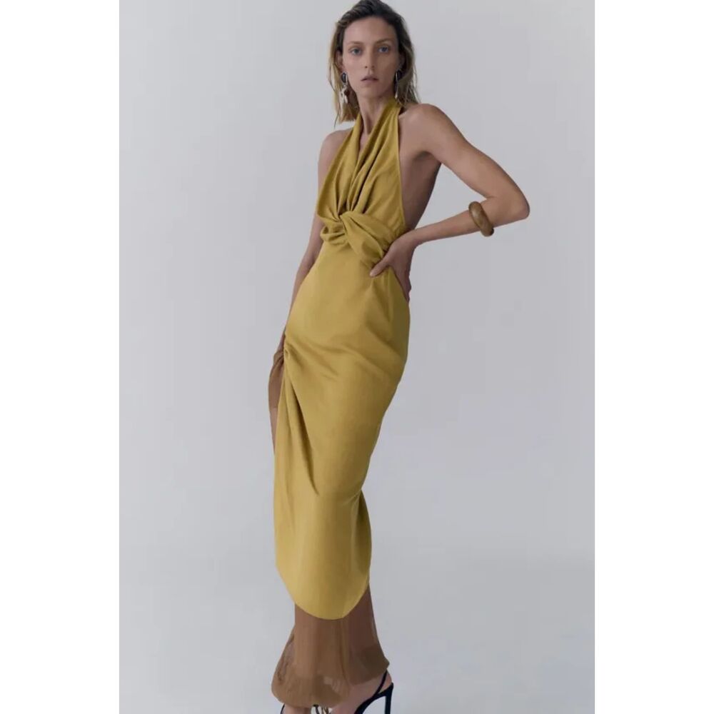Yellow Zara Linen-Blend Twist Knot Front Halter Neck Midi Dress (NWT)